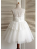 Ivory Lace Tulle Slit Open Back Knee Length Flower Girl Dress 